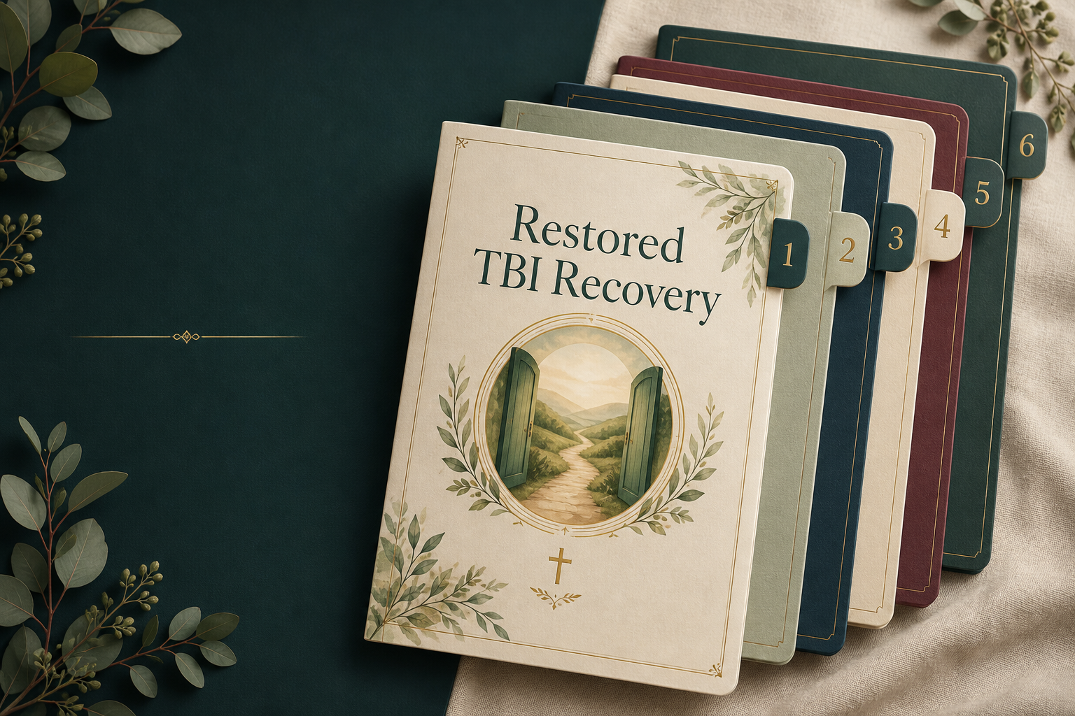A stacked preview of the six-resource Restored TBI Recovery printable bundle, showing the front cover without revealing the full resource interiors.